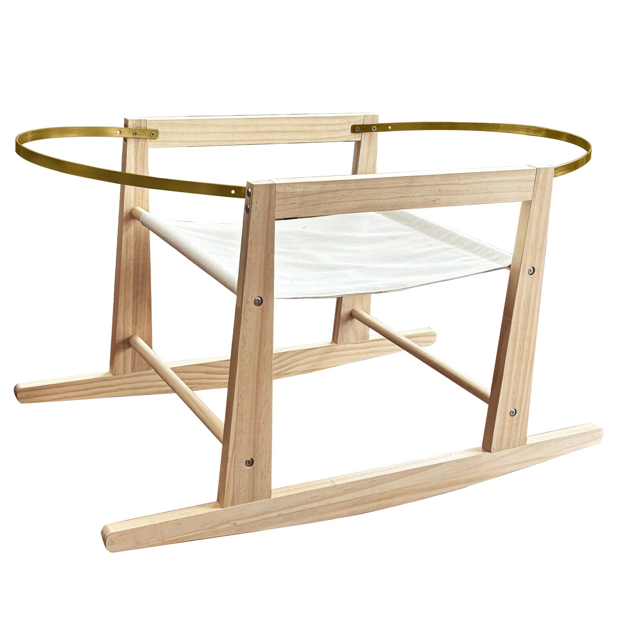 Calvana basket stand front view shows secure fit and natural wood warmth for newborn setup