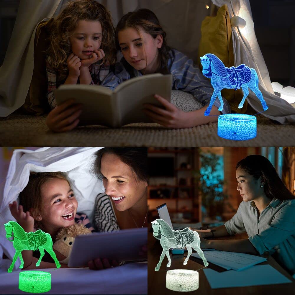 Calyla horse night light dual-power image highlights USB or battery use.