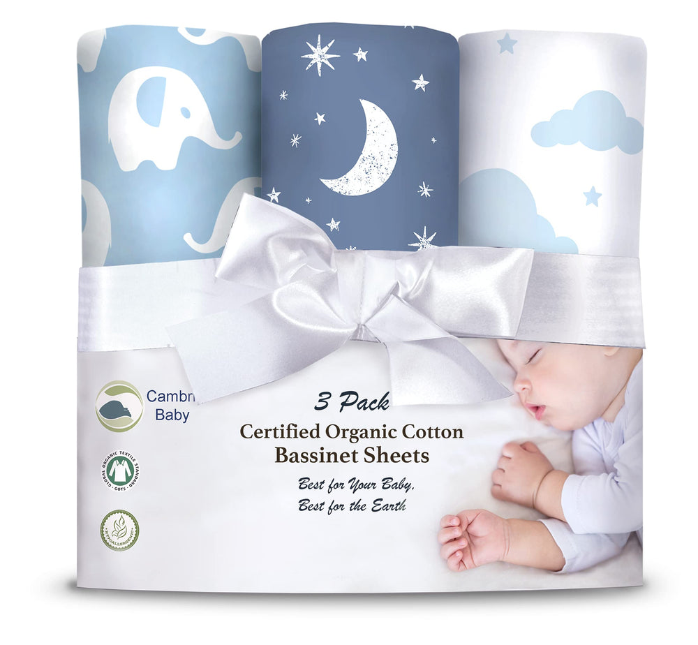 Cambria Baby bassinet sheets fit hourglass pads for adaptable nursery layouts.
