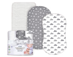 Cambria Baby bassinet sheets gray 3-pack folded for easy nursery refresh and soft comfort.