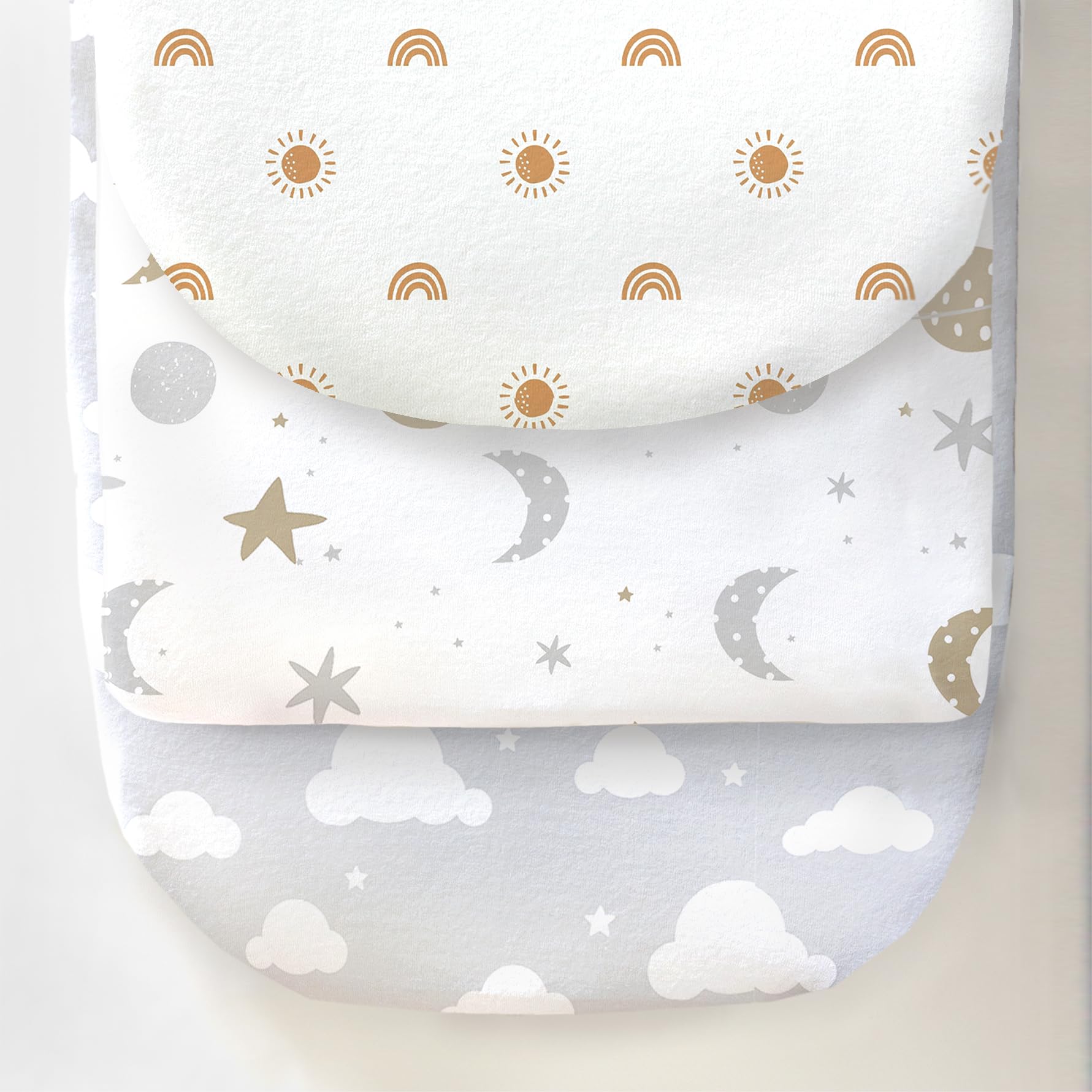Cambria Baby bassinet sheets sky folded, ultra-soft organic cotton for baby comfort.