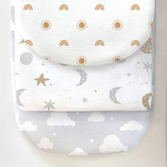Cambria Baby bassinet sheets sky folded, ultra-soft organic cotton for baby comfort.
