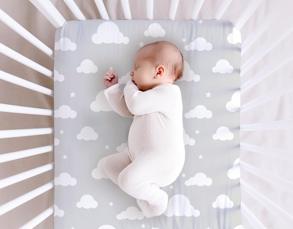 Cambria Baby GOTS-certified sky sheets, safe fabric for baby sleep.