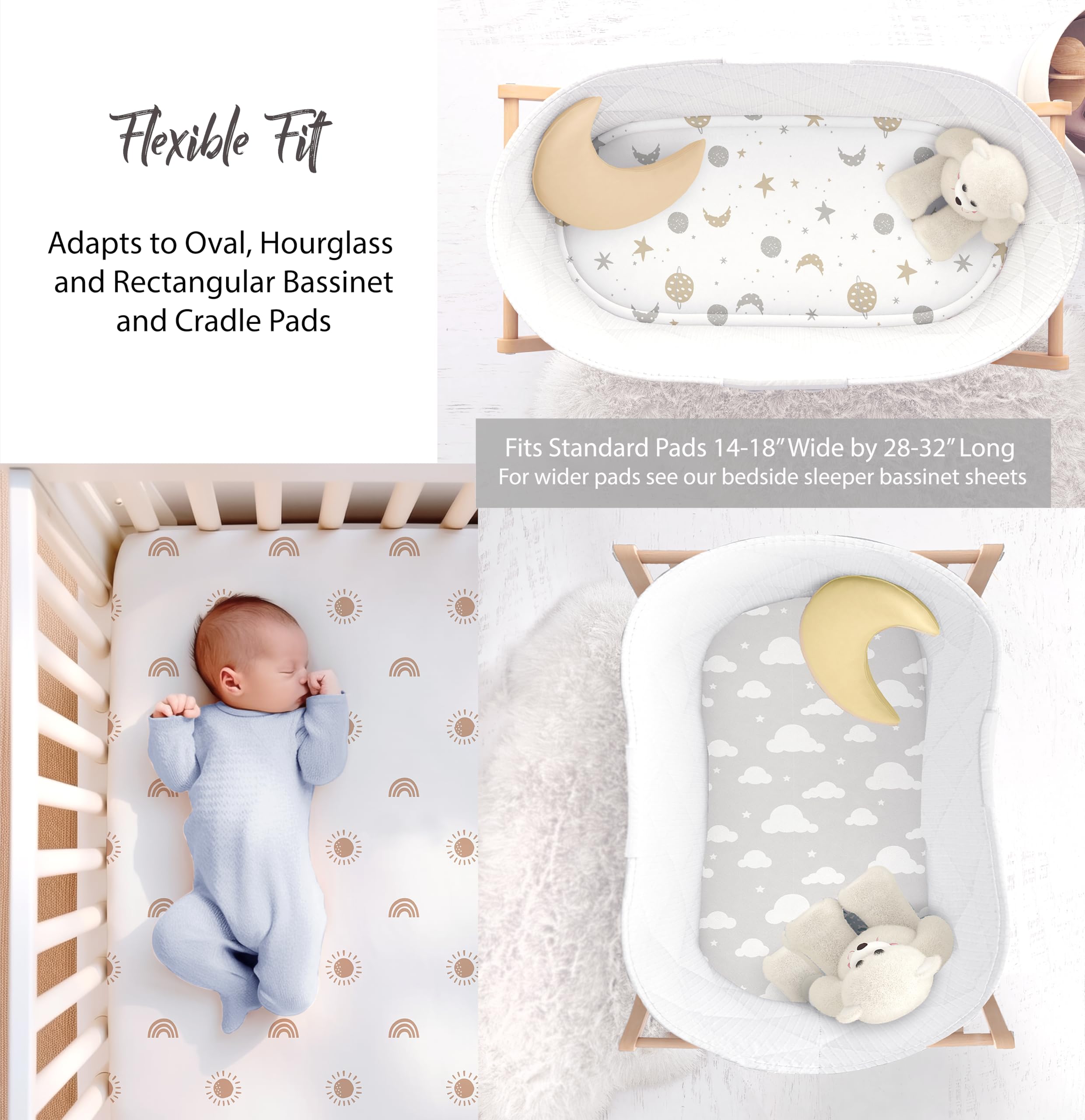 Cambria Baby bassinet sheets sky on bassinet, secure elastic for different pad shapes.