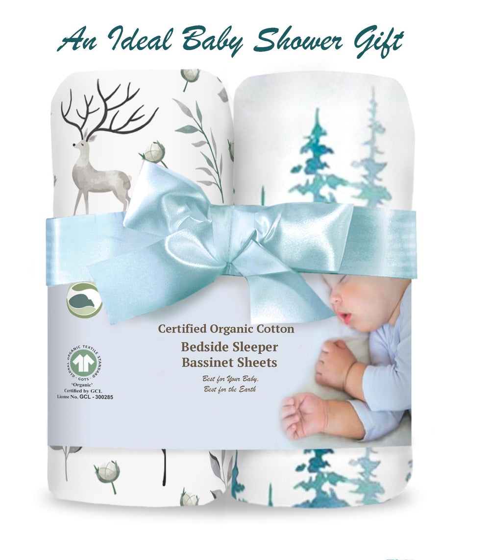 Cambria Baby forest sheet care shot highlights easy machine washing.