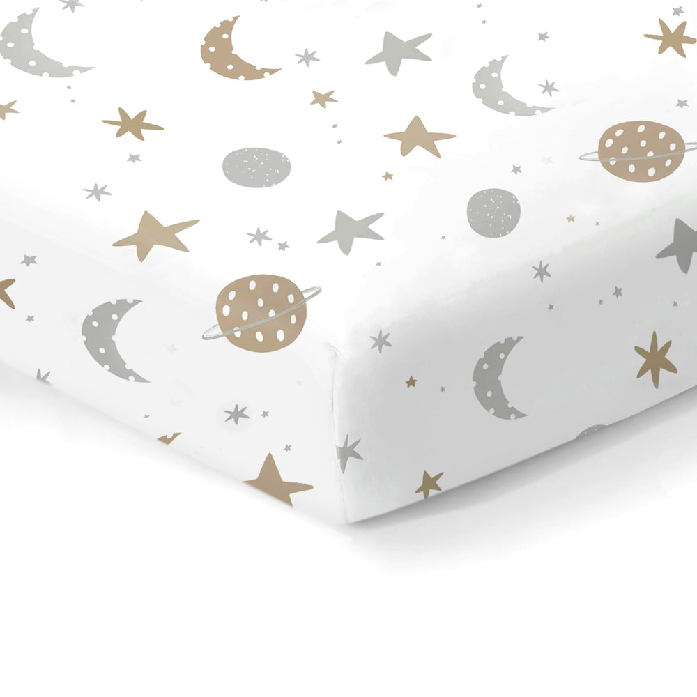 Cambria Baby fitted sheet on 28x52 crib mattress showing secure snug fit