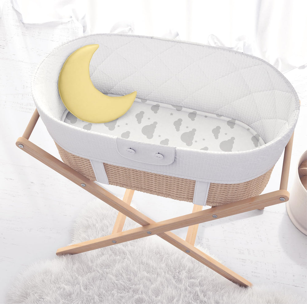 Cambria Baby made-in-india grey bassinet sheets, humane manufacturing practices and durability.