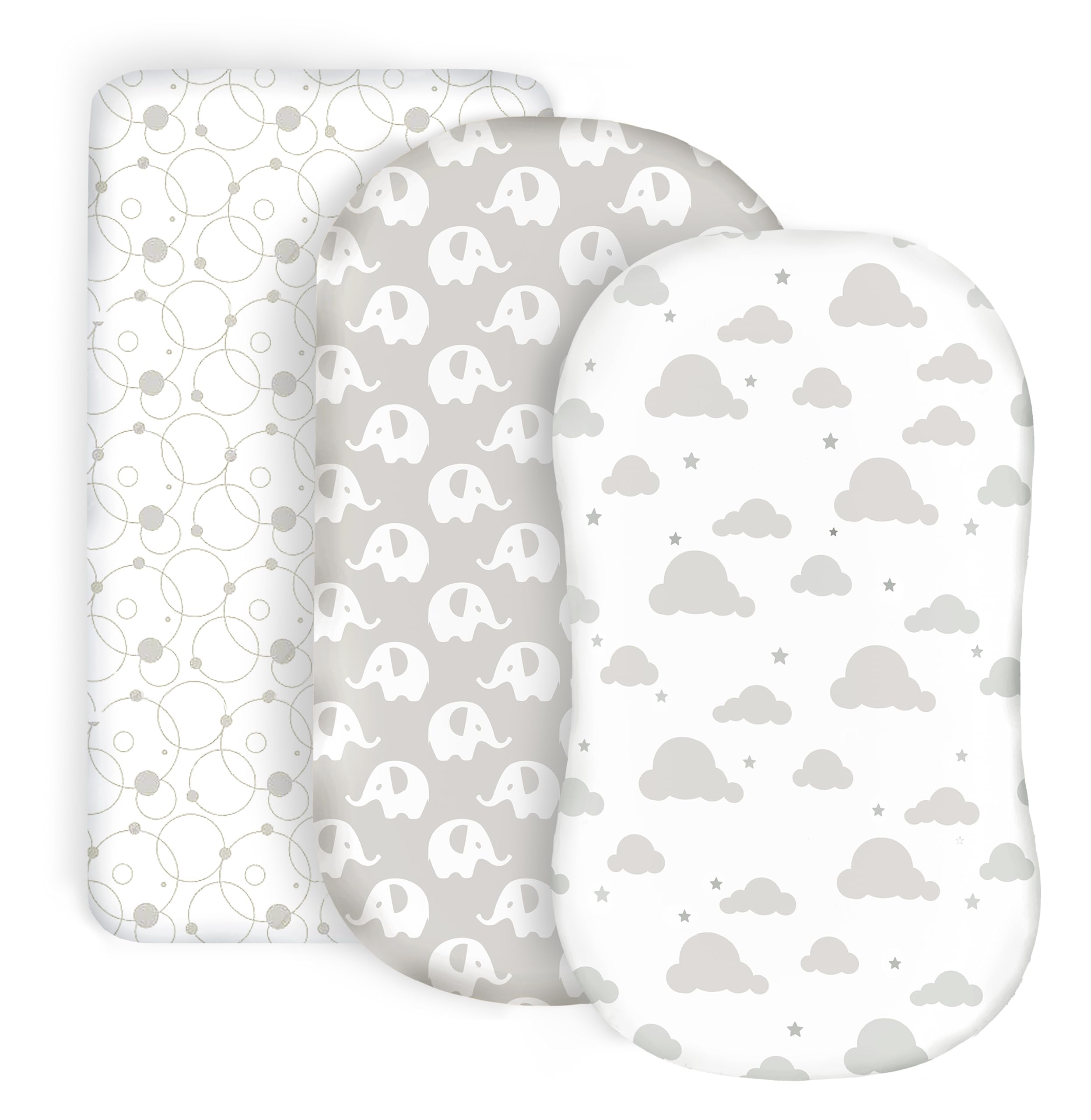 Cambria Baby organic cotton bassinet sheets 3-pack in grey folded, soft and breathable for cozy naps.