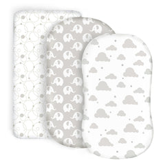 Cambria Baby organic cotton bassinet sheets 3-pack in grey folded, soft and breathable for cozy naps.