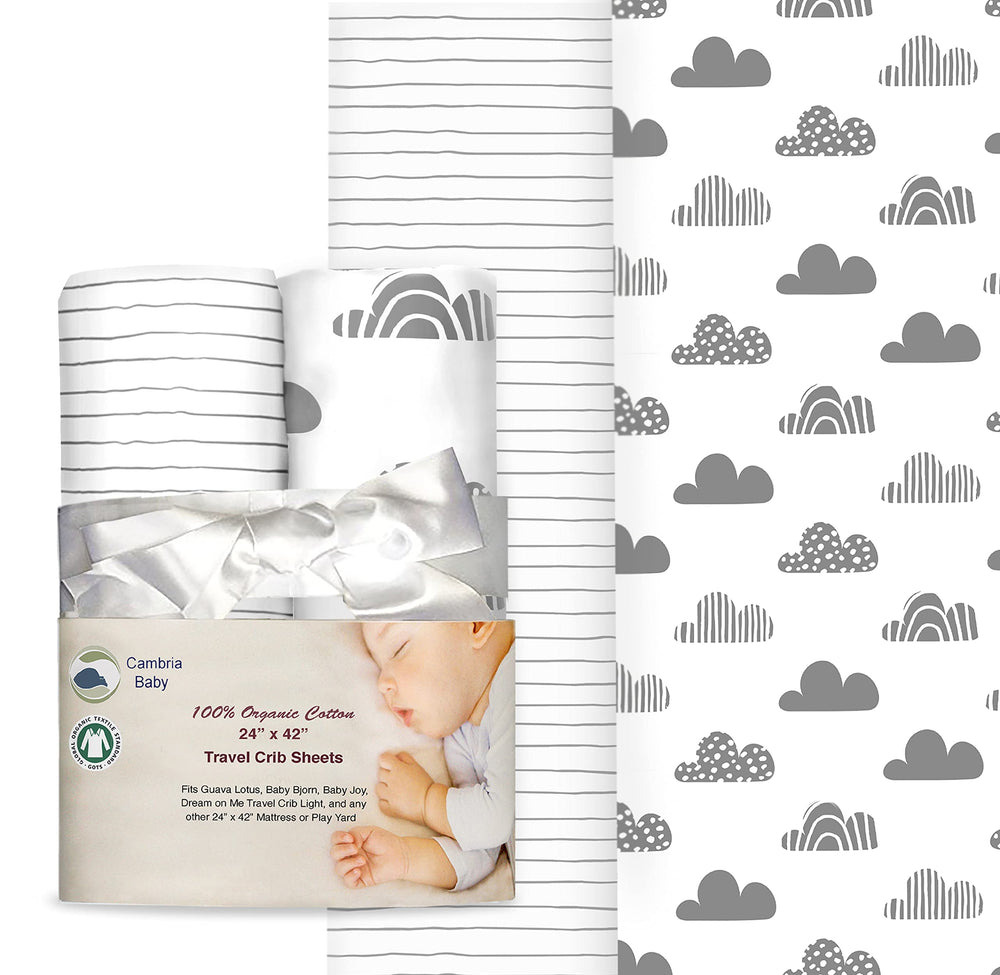 Cambria Baby organic cotton travel crib sheets in clouds pattern for 24x42 pads.