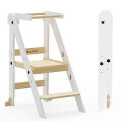 CaMecequter Taleco Gear foldable toddler stool side view; sturdy wood supports safe kitchen learning