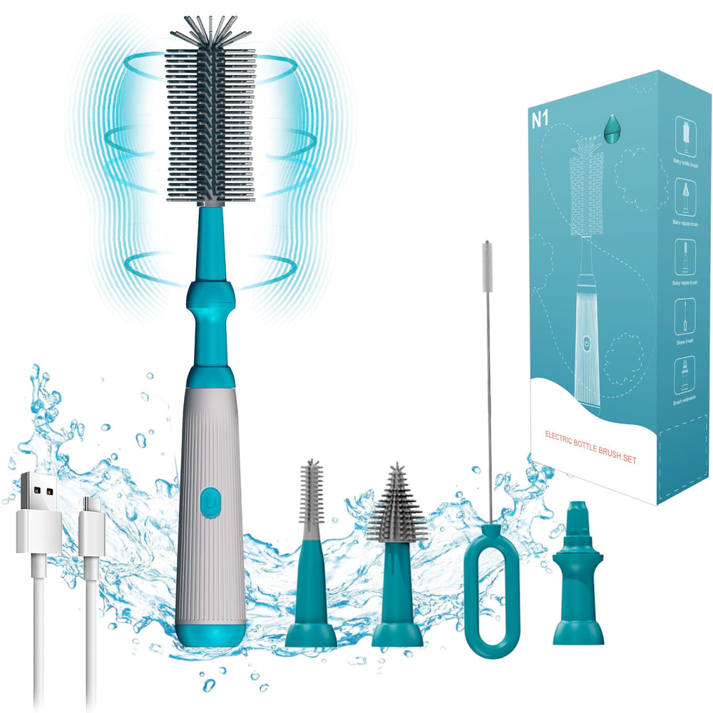 Camelcell electric bottle brush cleaner angled view showing easy reach for tall bottles.