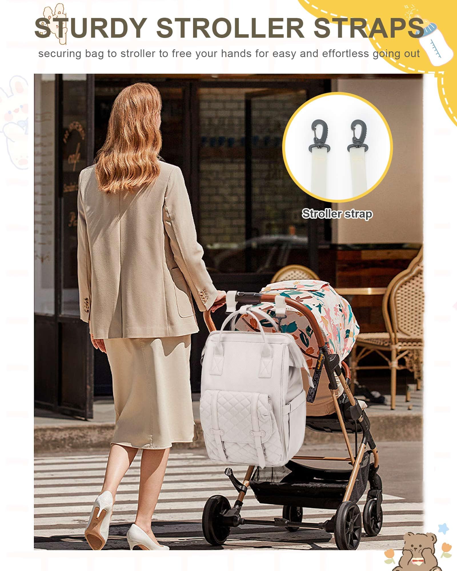 Camillemma diaper backpack includes pram straps for secure stroller attachment.