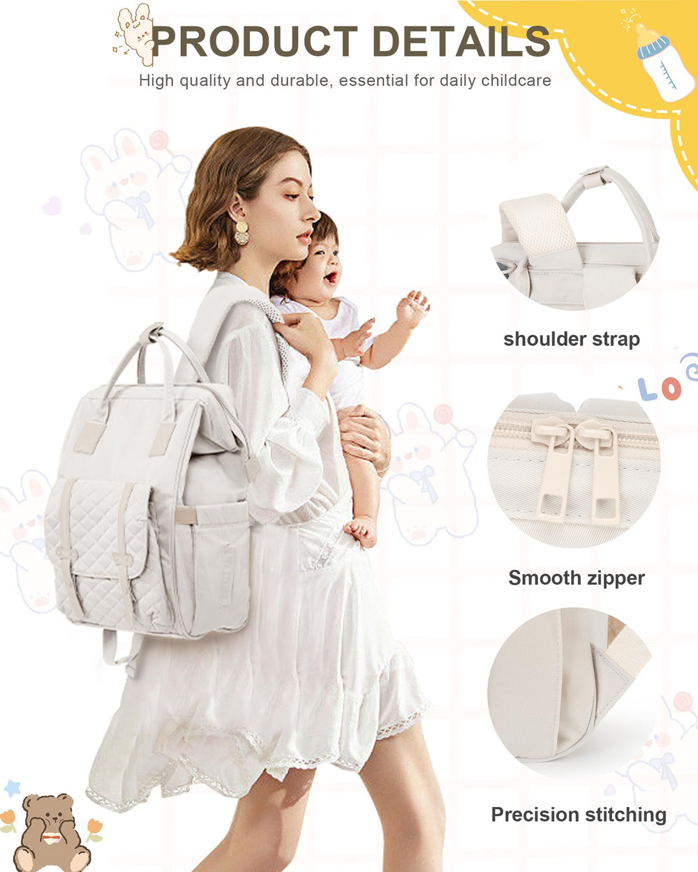 Camillemma diaper backpack side pockets provide quick access to wipes and bottles.