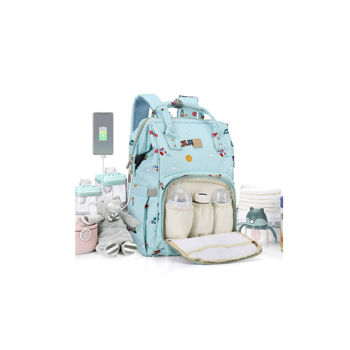 CAMILLEMMA diaper bag backpack open-mouth for quick access to baby essentials.