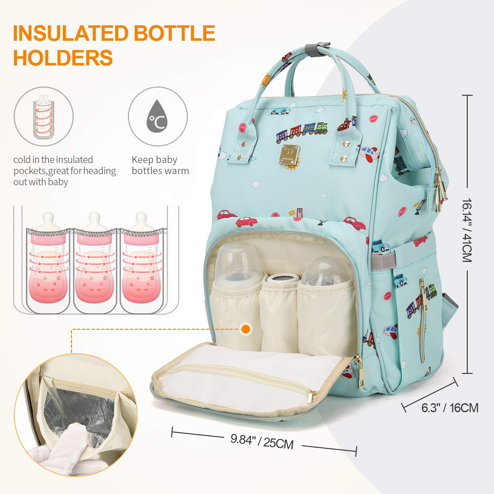 CAMILLEMMA diaper bag backpack stroller-straps attach to a pram.