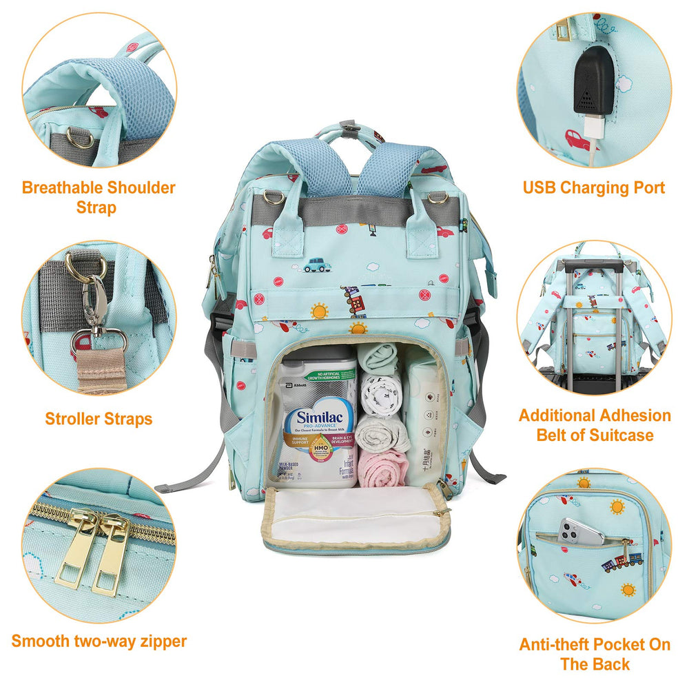 CAMILLEMMA diaper bag backpack USB port for on-the-go device charging.