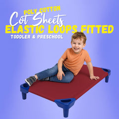 Camp County Beyond burgundy cot sheet on a toddler cot provides a snug fit.
