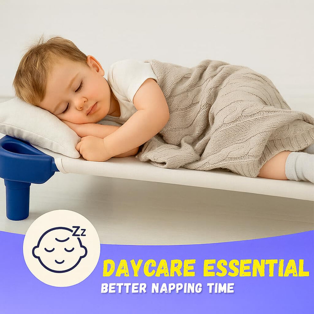 Camp County Beyond daycare cot setup in ivory demonstrating a tidy nap surface.