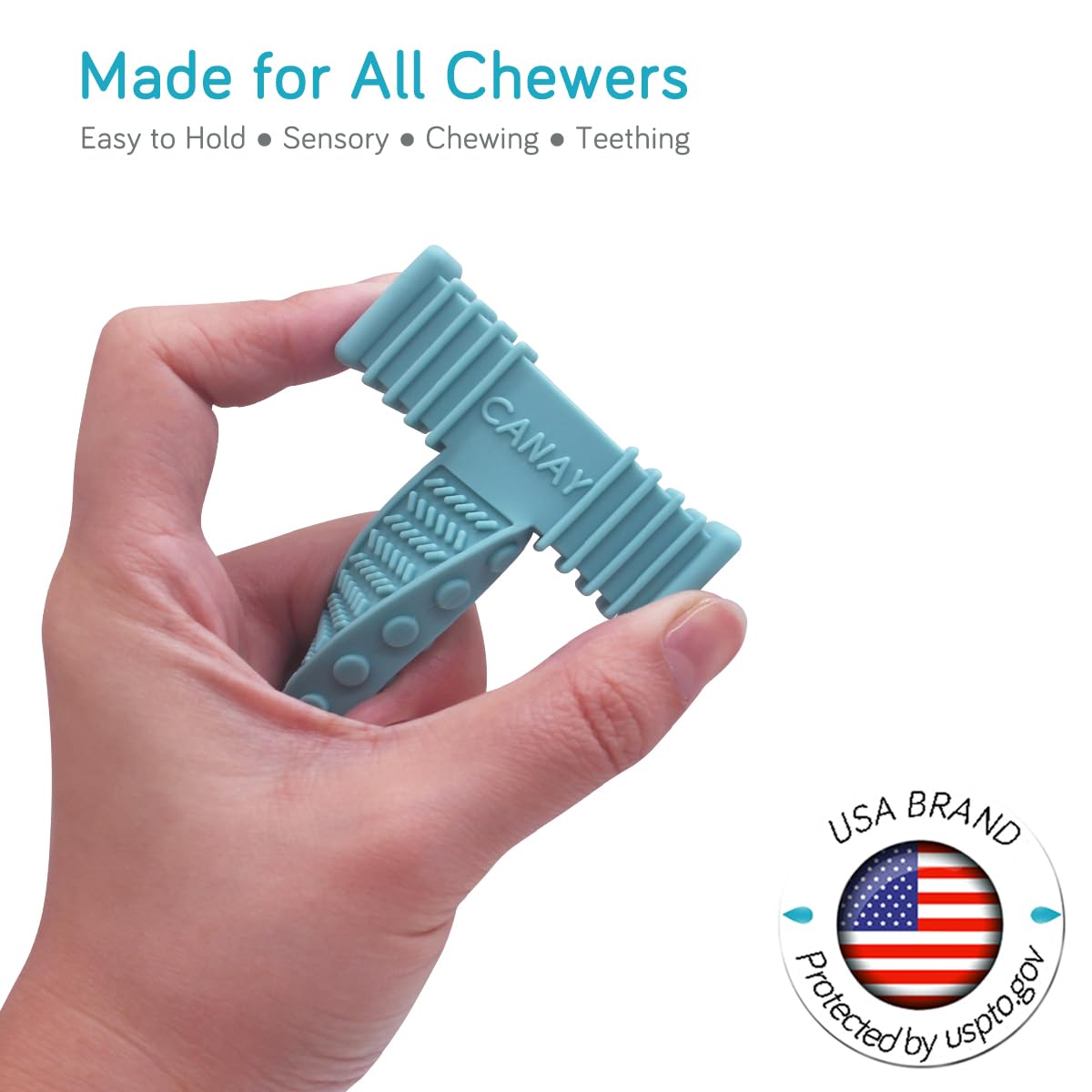 CANAY Xtra Tough Chew Bricks ribbed and smooth surfaces promote oral motor stimulation.