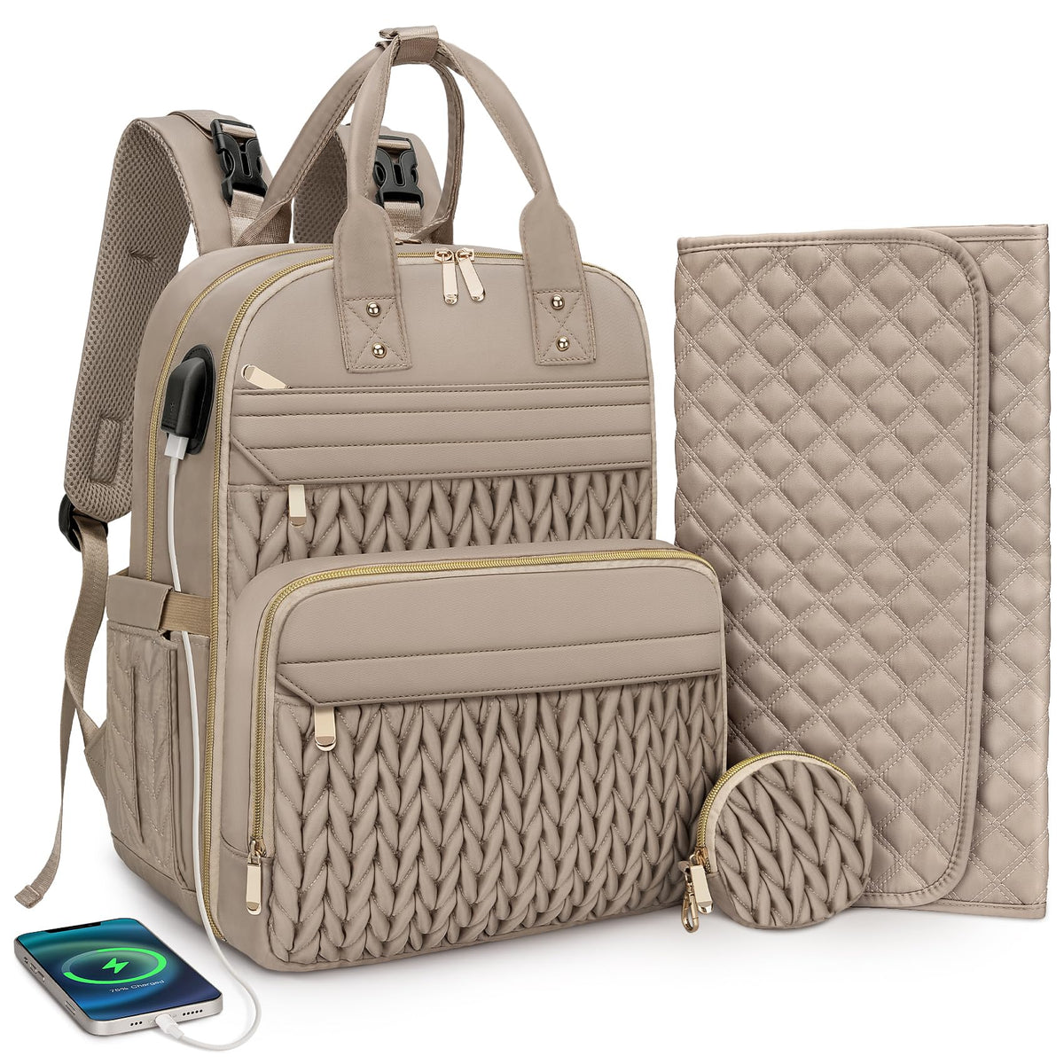 CandyHome diaper bag backpack khaki front view showing roomy storage for on-the-go essentials.