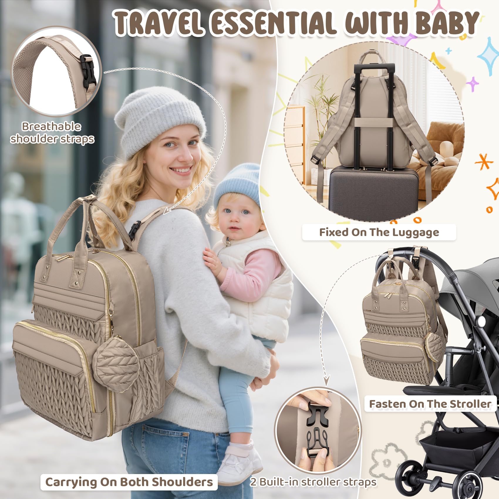 CandyHome diaper bag backpack versatile design converts to tote or stroller bag.