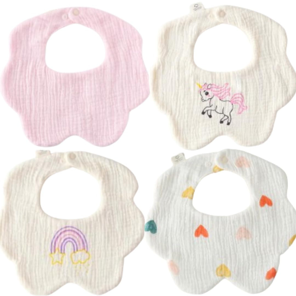 Canjolie flower-design bandana bib close-up showing soft six-layer muslin for drool absorption.