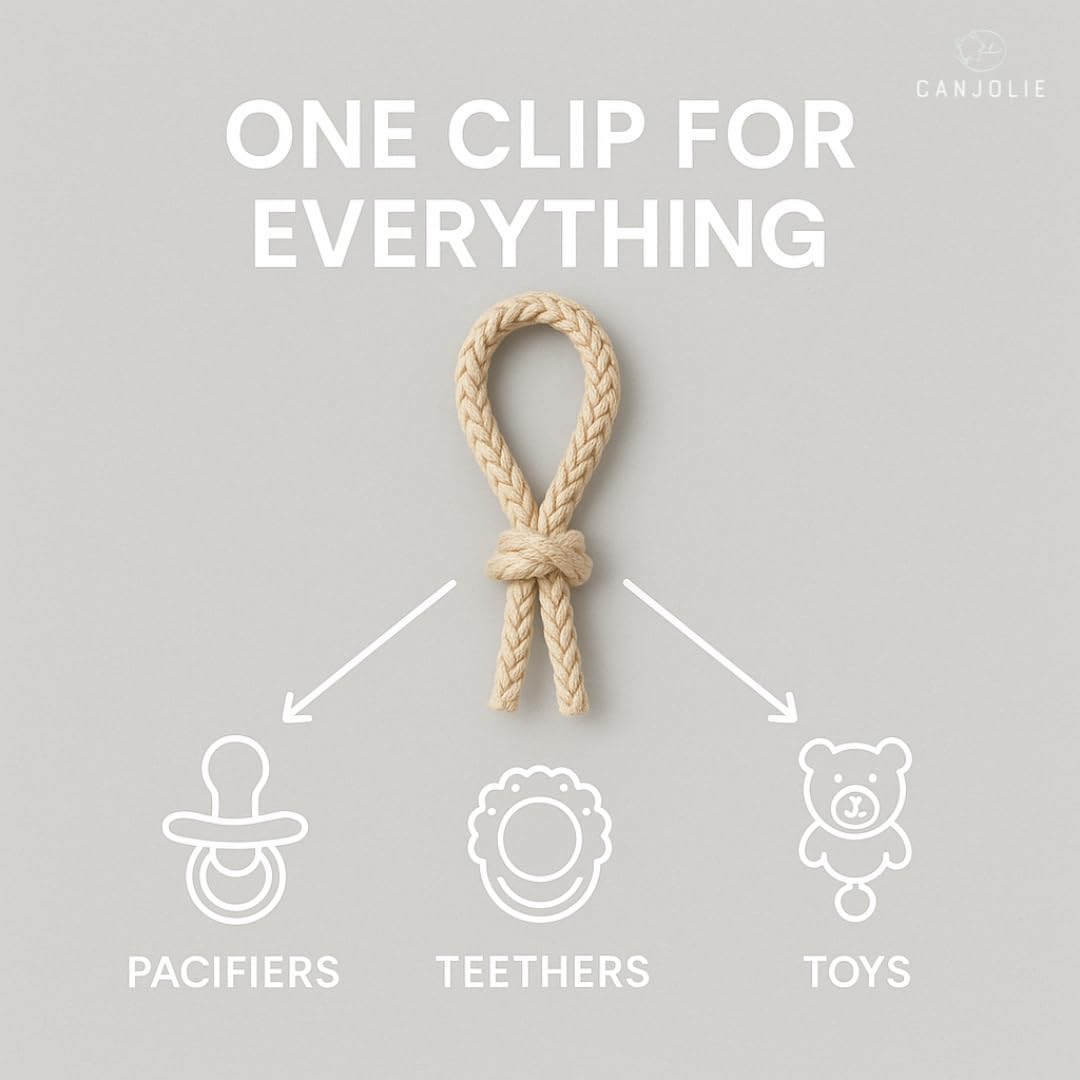 Canjolie wood paci clip clip-on design secures pacifier for safe everyday use.