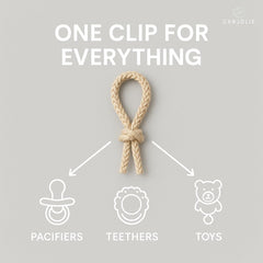 Canjolie wood paci clip clip-on design secures pacifier for safe everyday use.