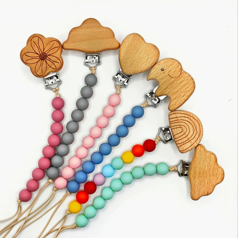 Canjolie wood paci clip showcases universal fit across ages and accessories.