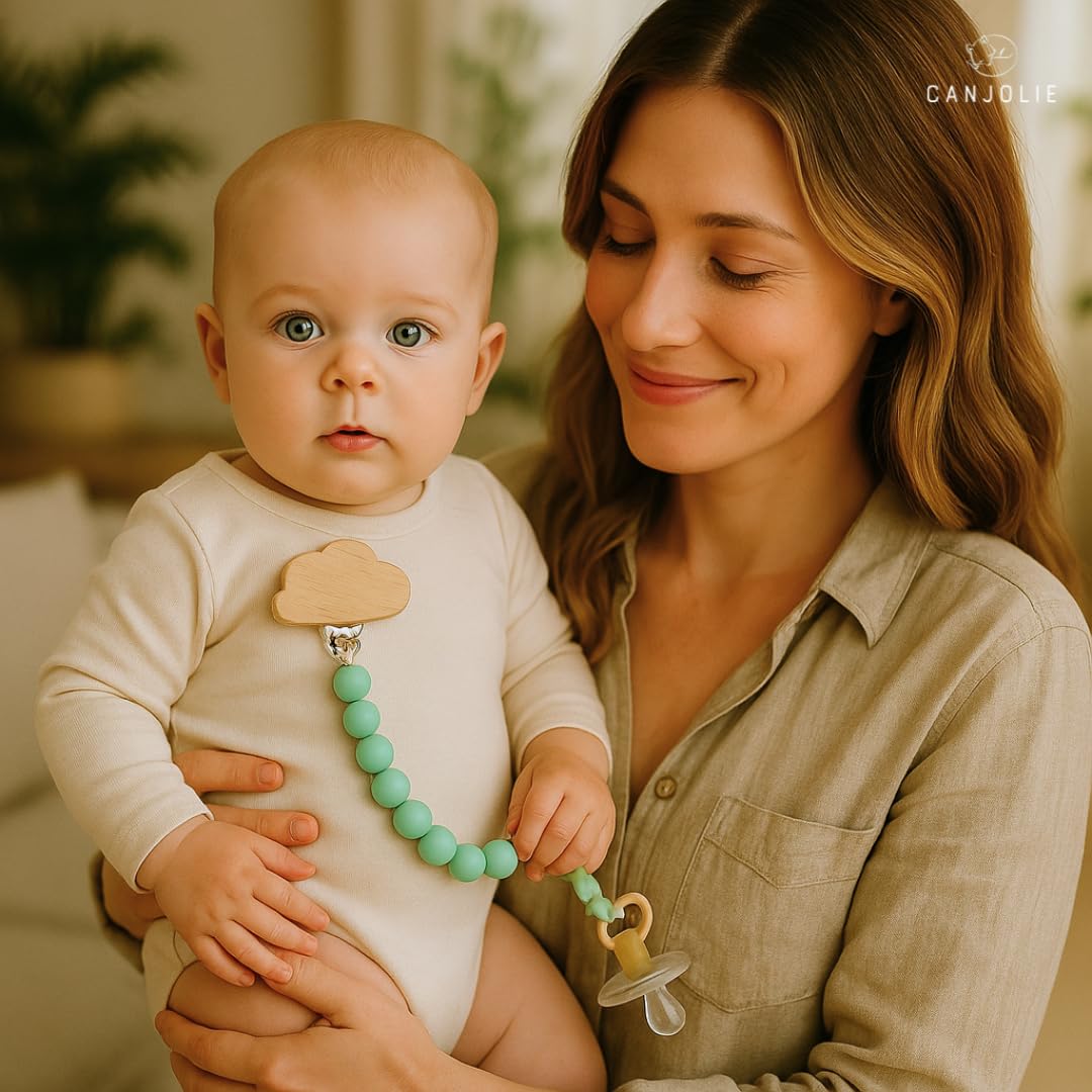 Canjolie Wood Paci Clips baby-hand demonstrates lightweight design for comfortable wear