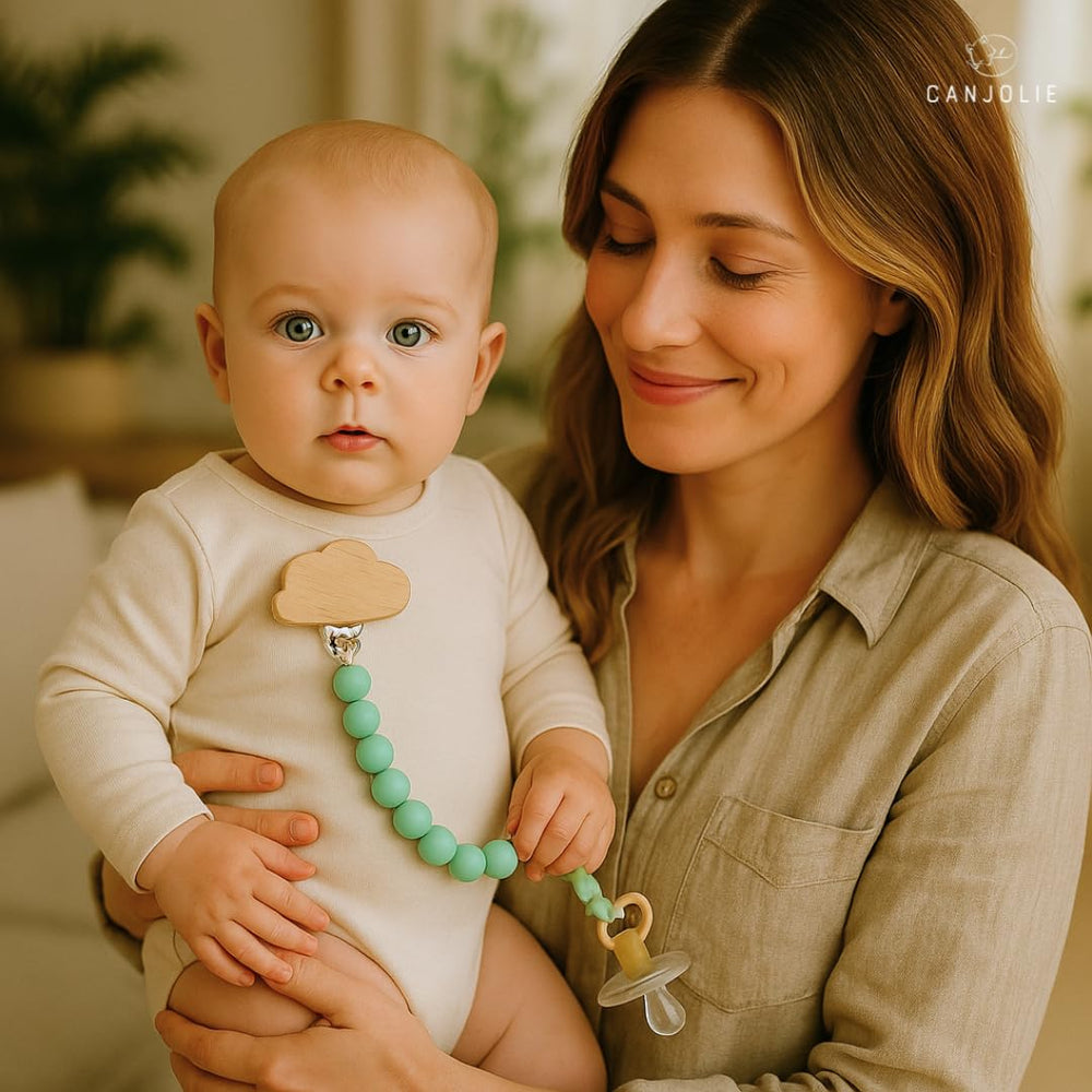 Canjolie Wood Paci Clips baby-hand demonstrates lightweight design for comfortable wear