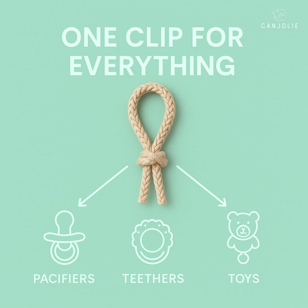 Canjolie Wood Paci Clips clip-attachment shows secure clip design keeps pacifier handy on outfits