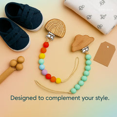 Canjolie Wood Paci Clips stroller-clip illustrates practical attachment while on the go