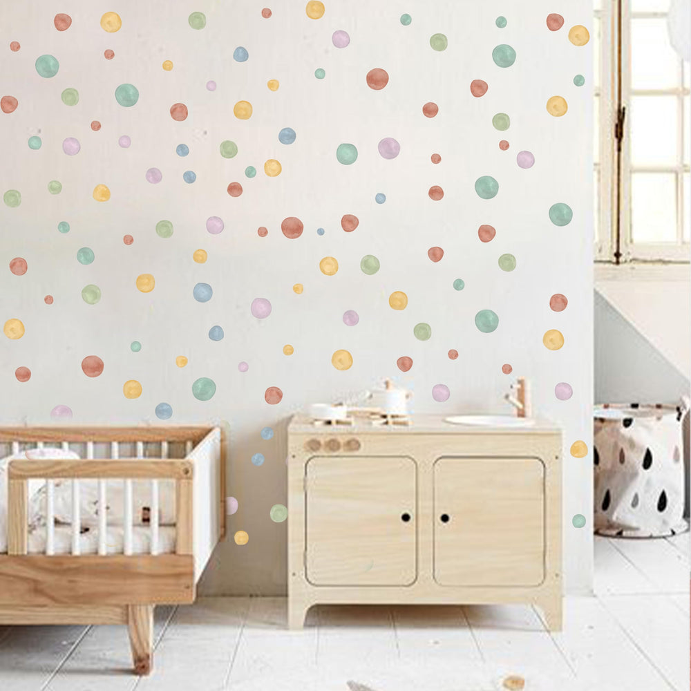 Cantly Colorful Dot Decal living room decor with bright polka dots wall accents.