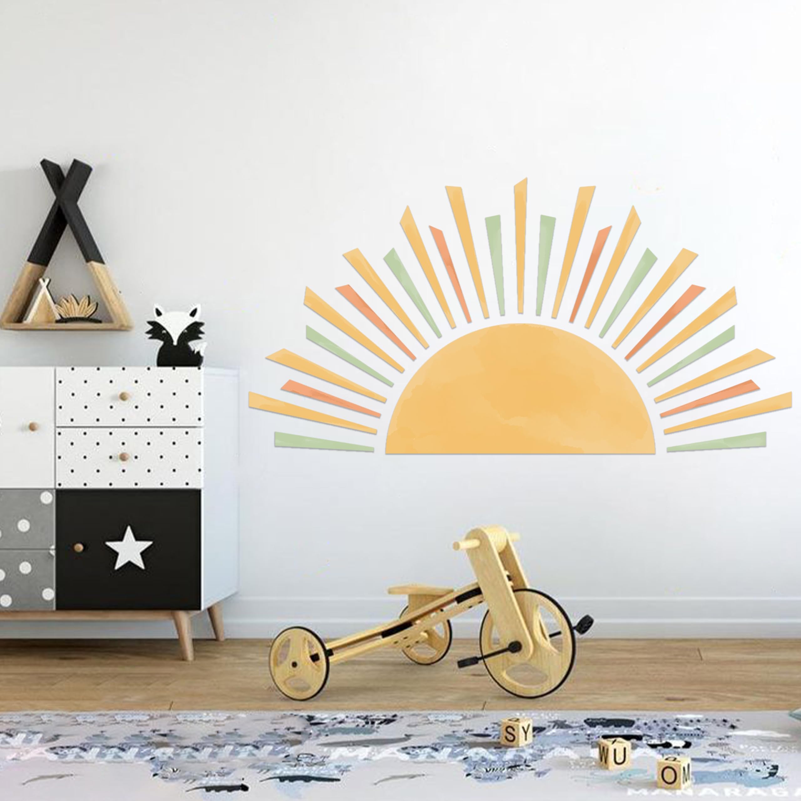 Cantly half-sun decal closeup shows watercolor yellow tones for soft, uplifting nursery decor.