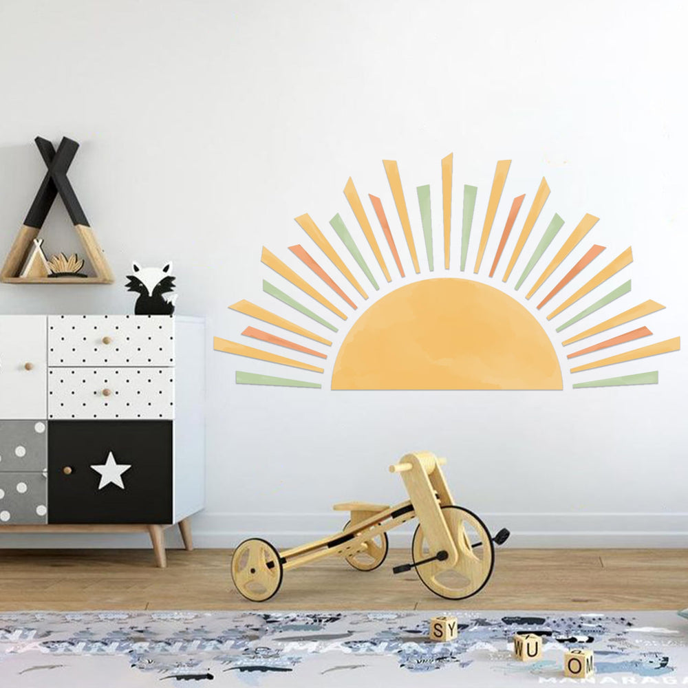 Cantly half-sun decal closeup shows watercolor yellow tones for soft, uplifting nursery decor.