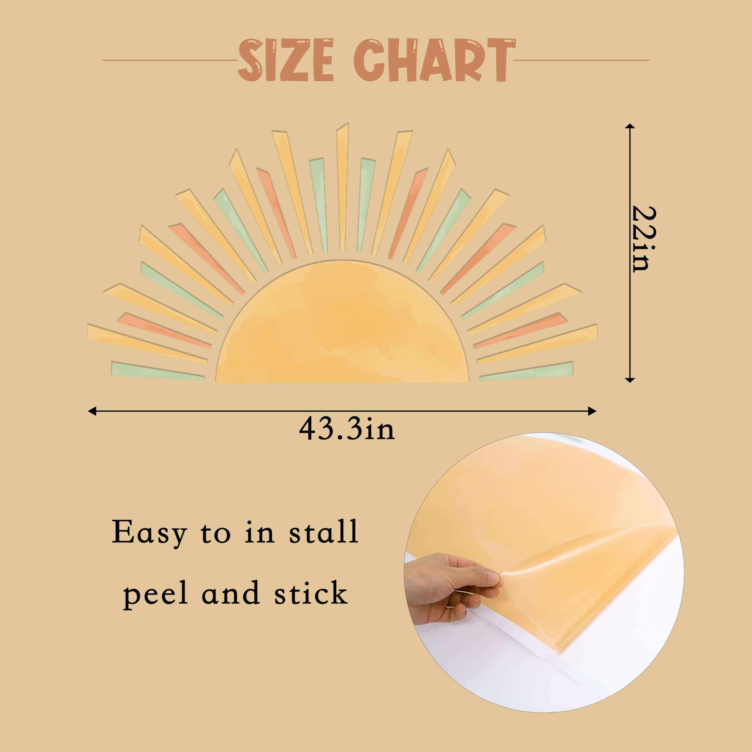 Cantly half-sun decal wall-application demonstrates easy peel-and-stick for renter-friendly decor.
