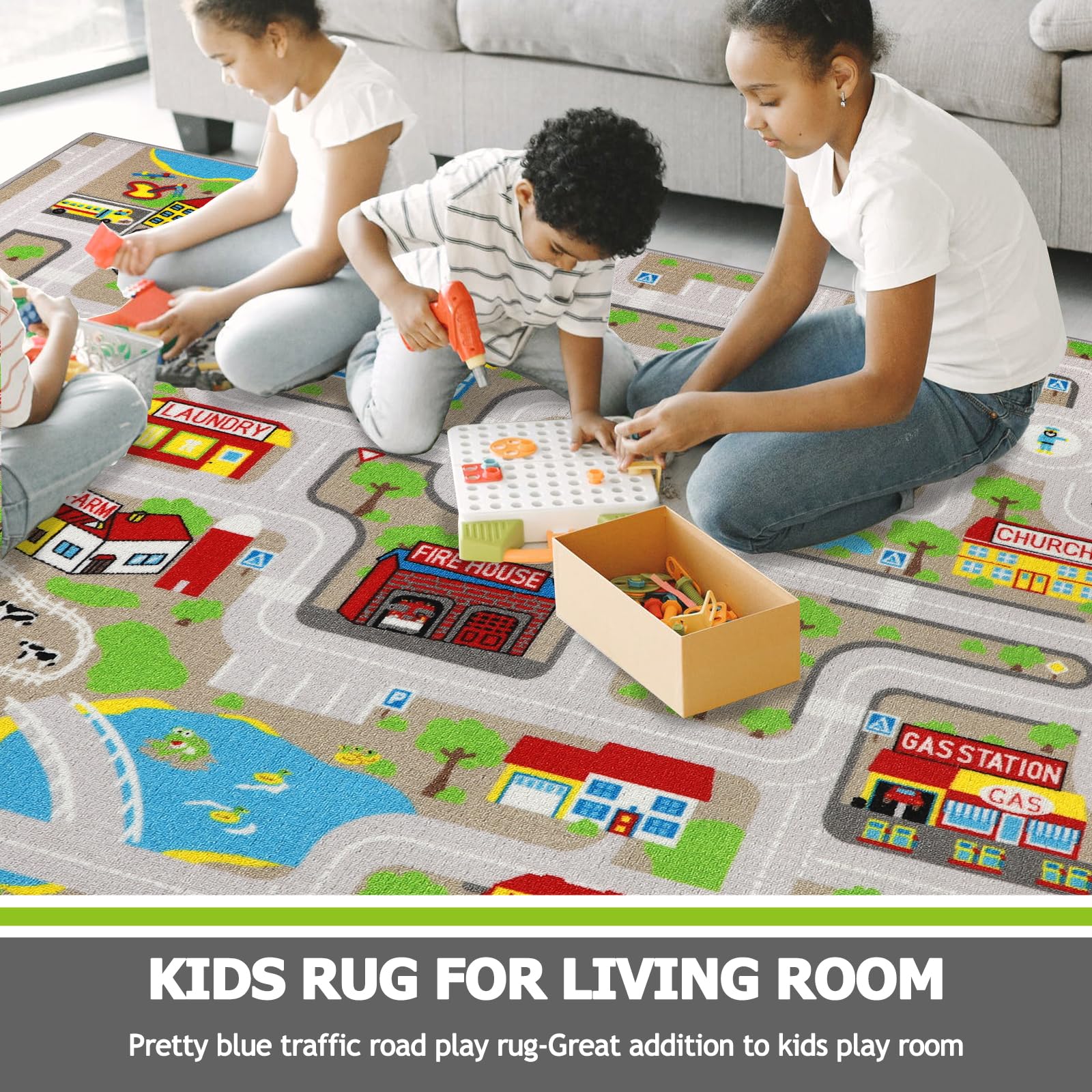 Capslpad children driving toy cars across the city map rug for active play