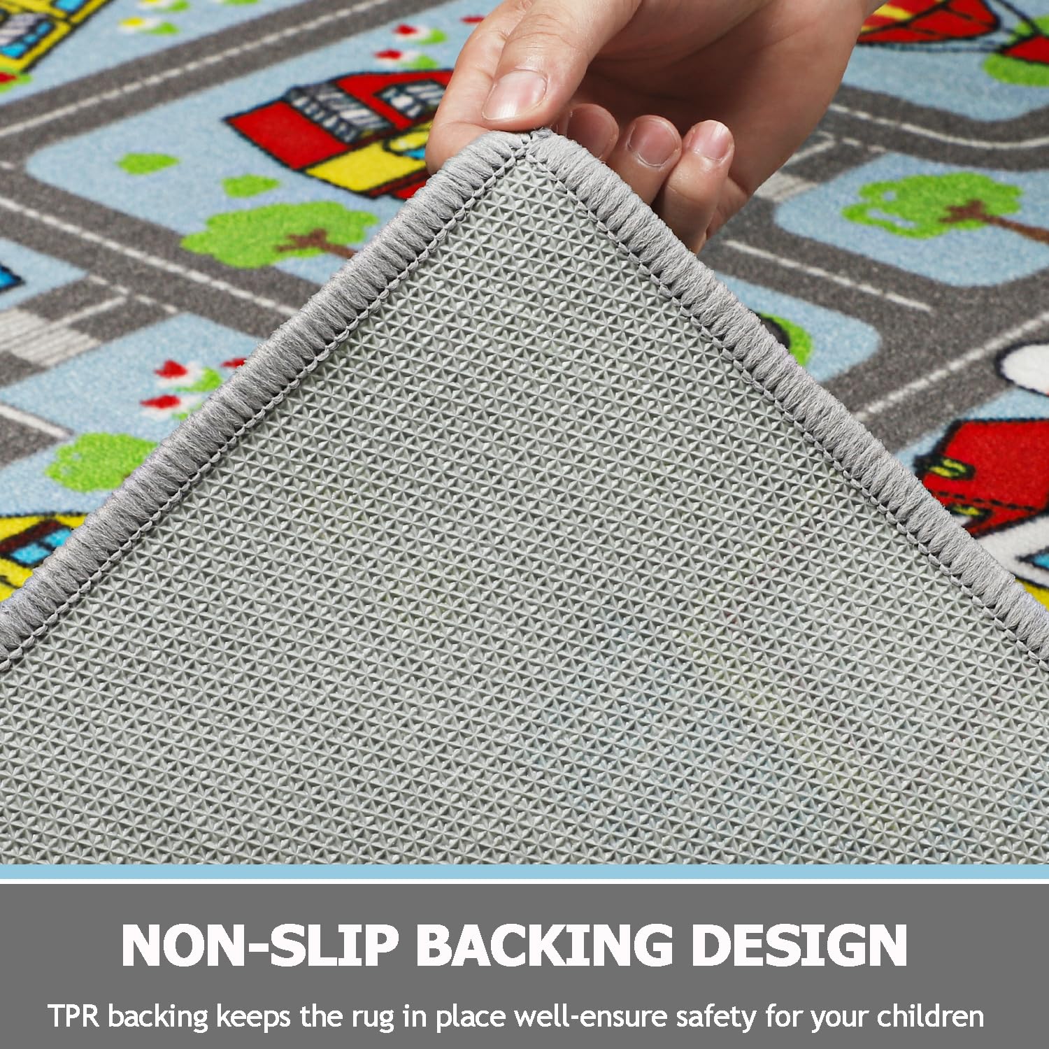 Capslpad kid rug non-slip backing keeps the mat secure on dry floors.