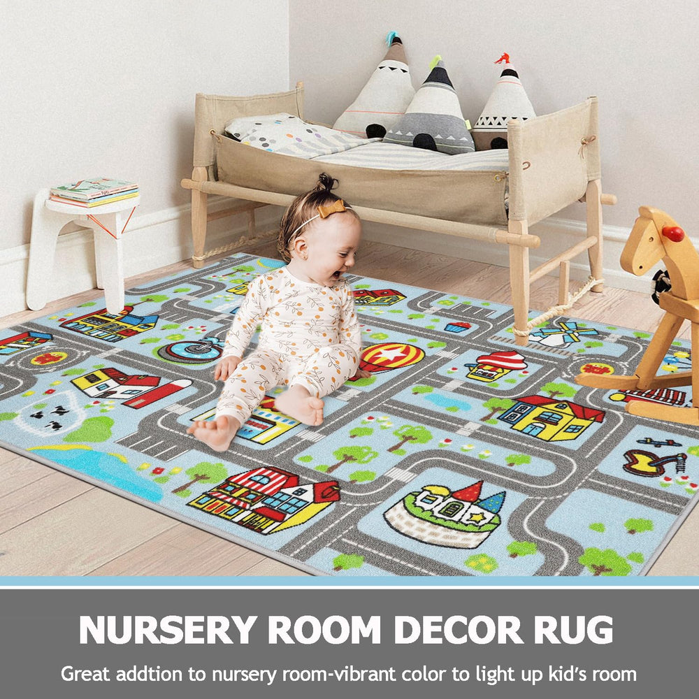 Capslpad sky-blue rug brightens rooms with a friendly educational vibe.