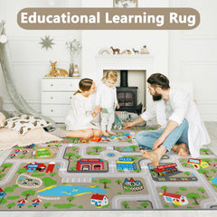 Capslpad Kids Rug car-play-mat stimulates imaginative driving and cooperative play among children.