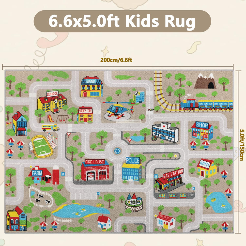 Capslpad Kids Rug city-buildings-school-hospital encourages exploratory play and early mapping skills.