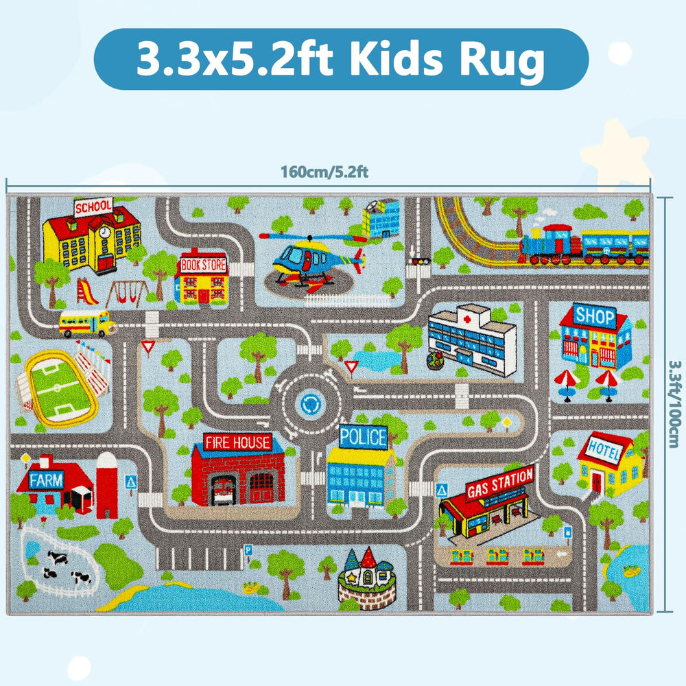 Capslpad Kids Rug city-buildings scene supports pretend city exploration and vocabulary building.