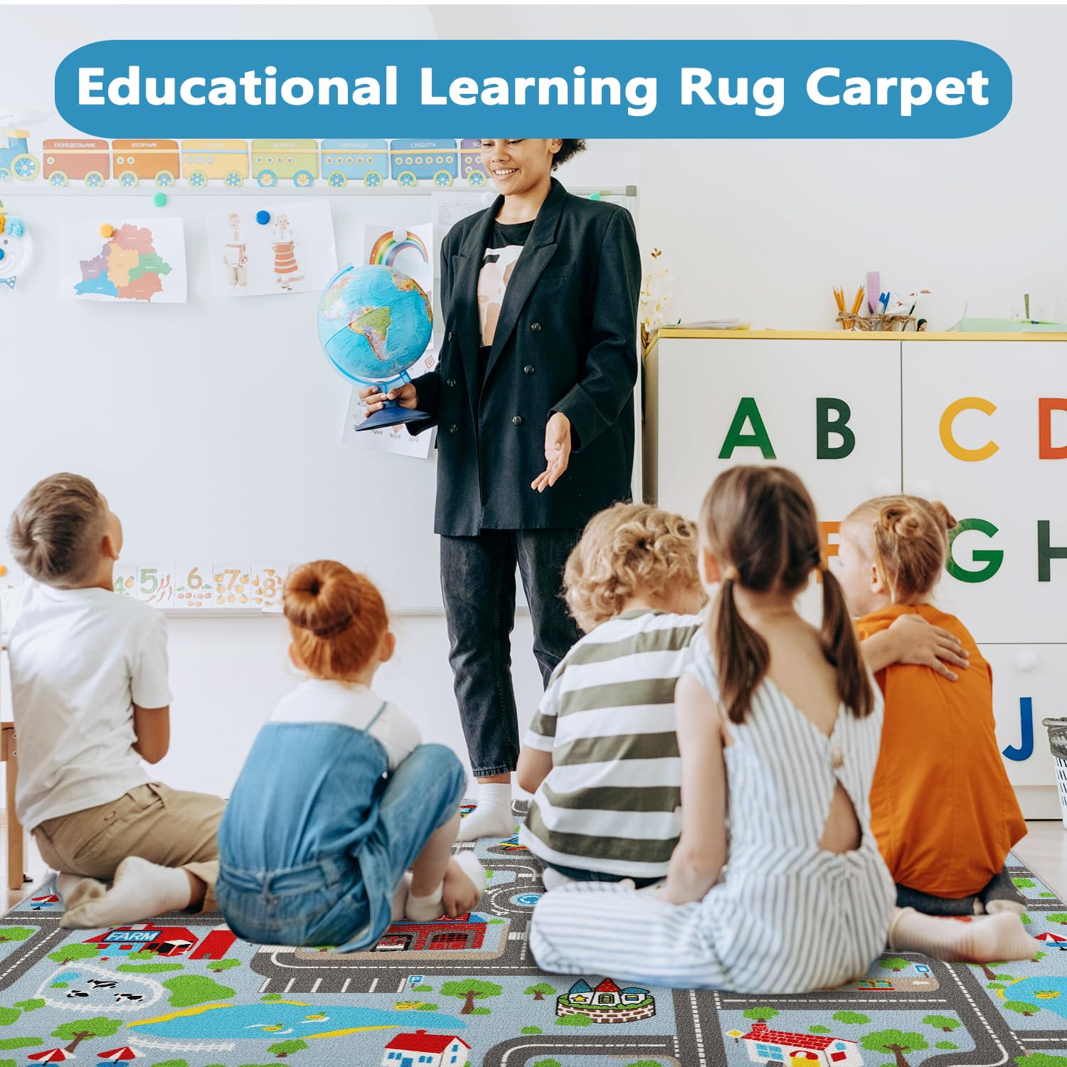 Capslpad rug colorful patterns invite exploration and cooperative learning activities.