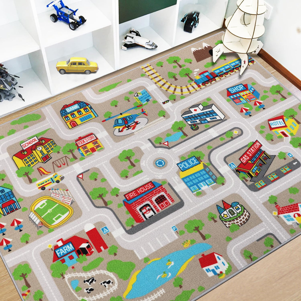 Capslpad Kids Rug traffic-road-large provides a safe, spacious play area for car toy routes.