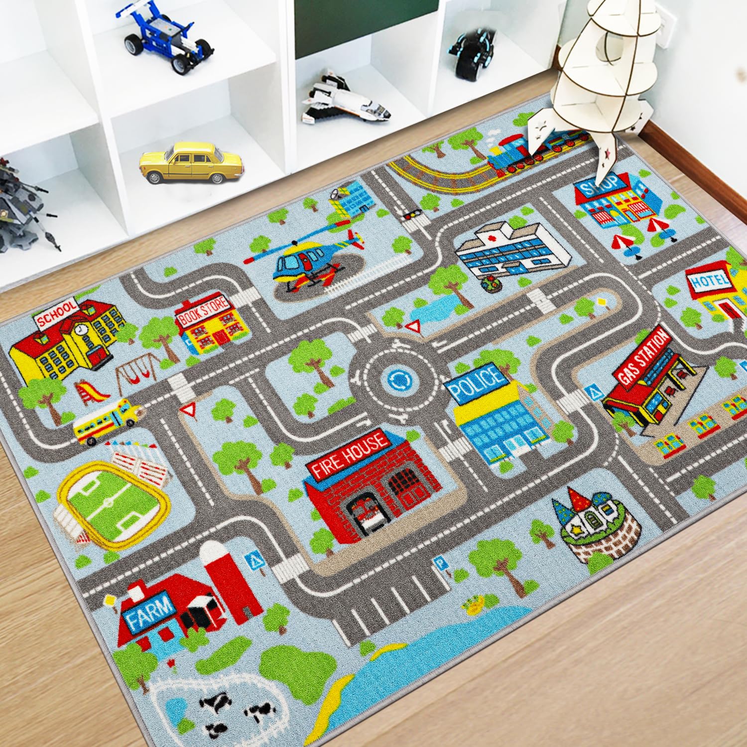 Capslpad Kids Rug traffic road view offers imaginative play and road-learning.