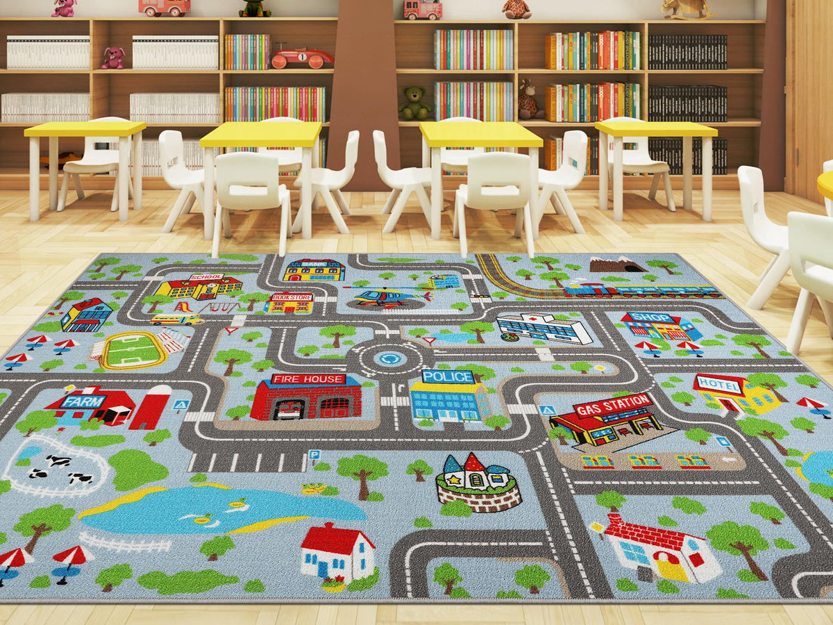 Capslpad kids rug traffic roads in blue and gray support imaginative play and learning.
