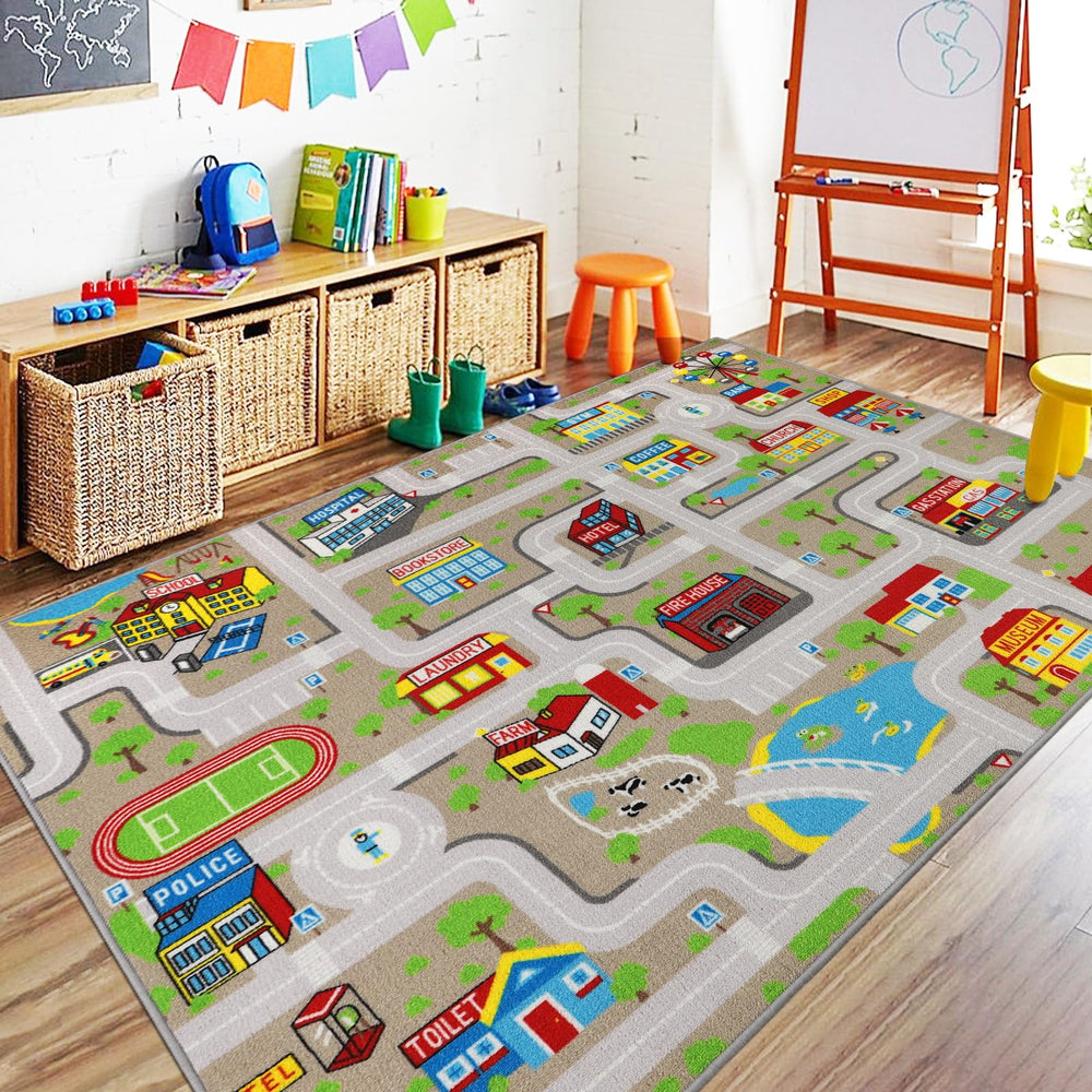Capslpad tan car road playmat main view with durable surface for safe imaginative driving
