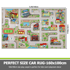 Capslpad tan car road playmat side angle showing edge-to-edge play area.